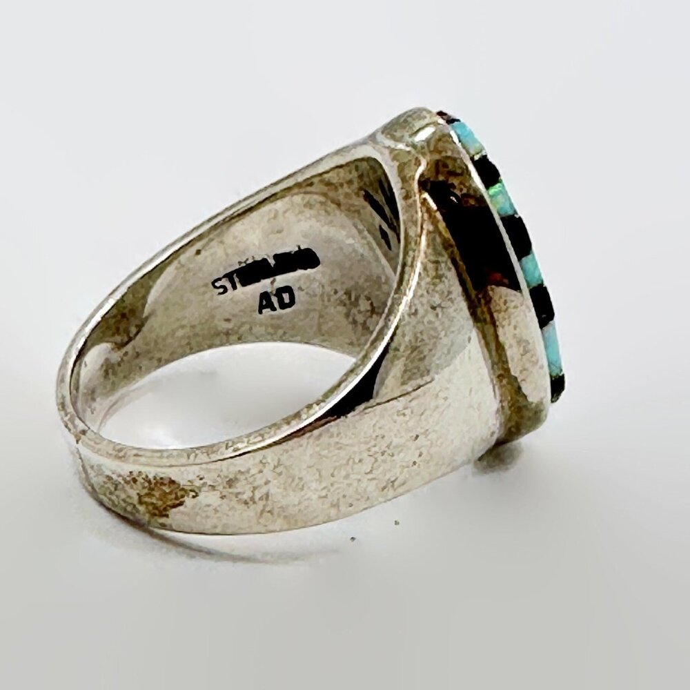 Opal Ring, Native American, Zuni, Black Onyx, Sterling Silver, Vintage, Size 11 - Picture 4 of 5